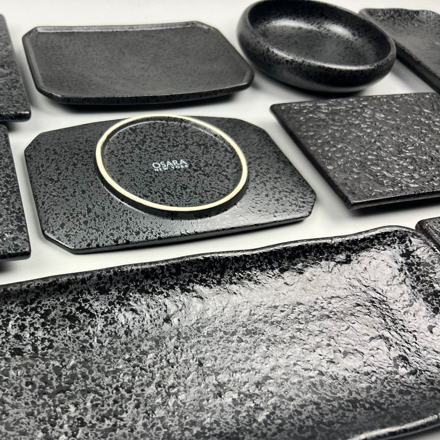 Yogan black matte with glossy speckle ceramic dinnerware sushi geta rectangle plate ramen bowl Japanese chefs store restaurant supply Bowery sale discount New York