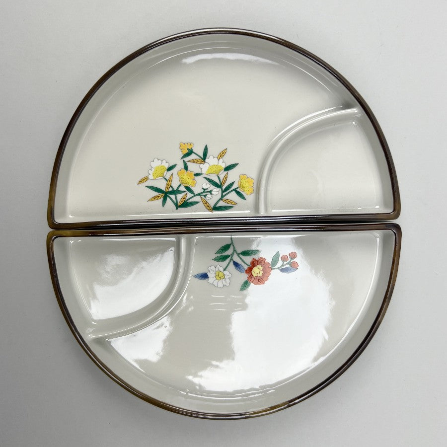 Obi Half Round Floral Sushi/Sashimi Upright Rim Plate with sauce section in two colors, green and white, 9.25" x 5", Made in Japan