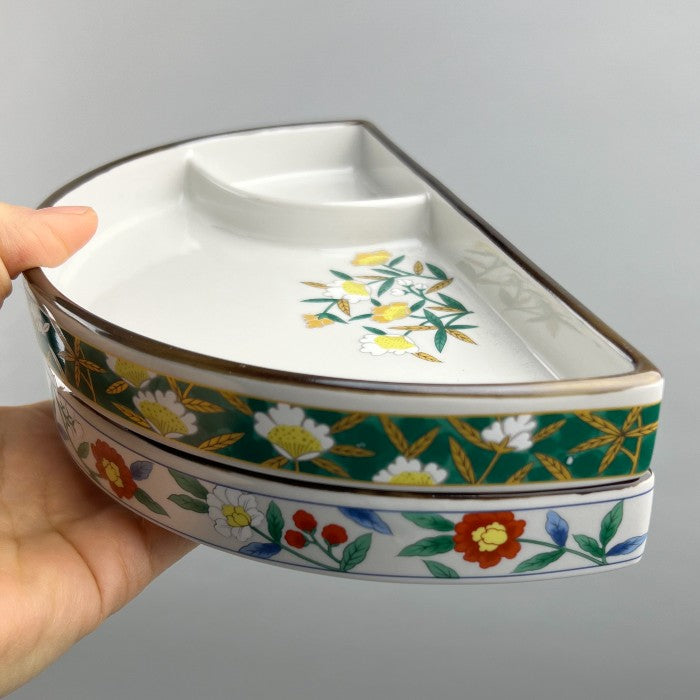 Obi Half Round Floral Sushi/Sashimi Walled Plate with sauce section in two colors, green and white, 9.25" x 5", Made in Japan