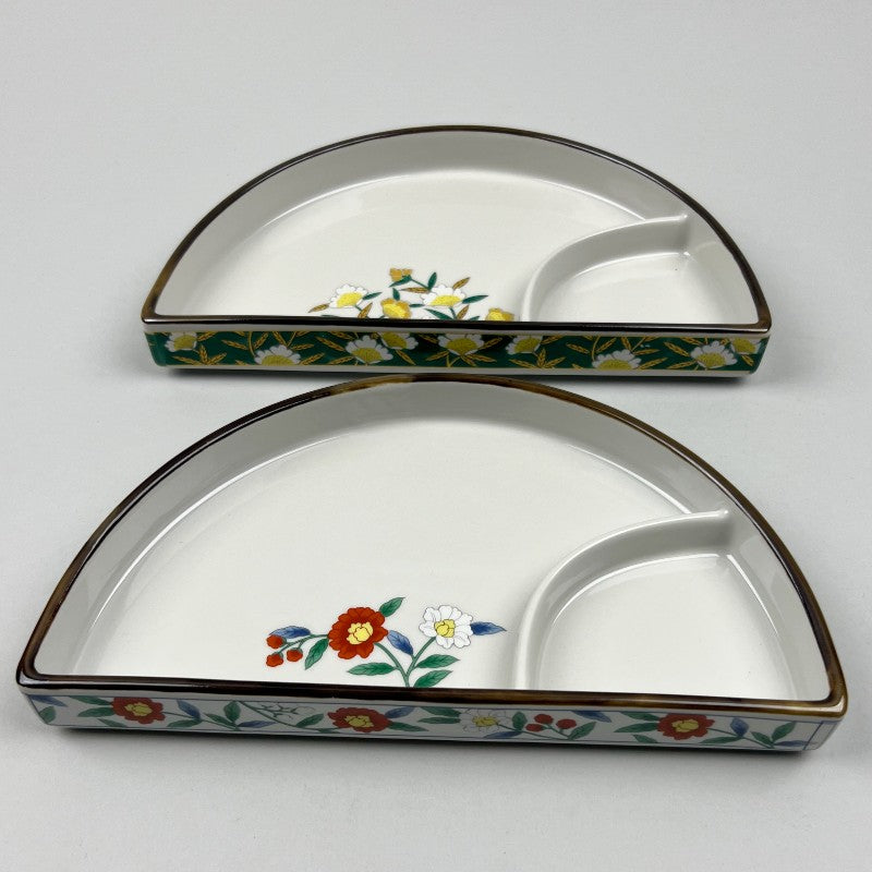 Obi Half Round Floral Sushi/Sashimi Upright Rim Plate with sauce section in two colors, green and white, 9.25" x 5", Made in Japan