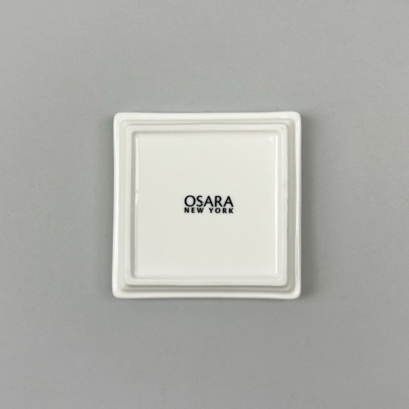 4-inch square white ceramic dish, stackable, sturdy, ideal for appetizers, desserts, nuts, and condiments back shot