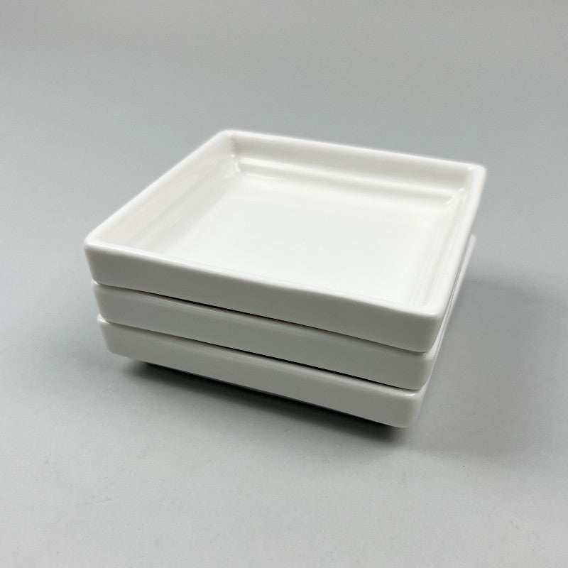 4-inch square white ceramic dish, stackable, sturdy, ideal for appetizers, desserts, nuts, and condiments side shot