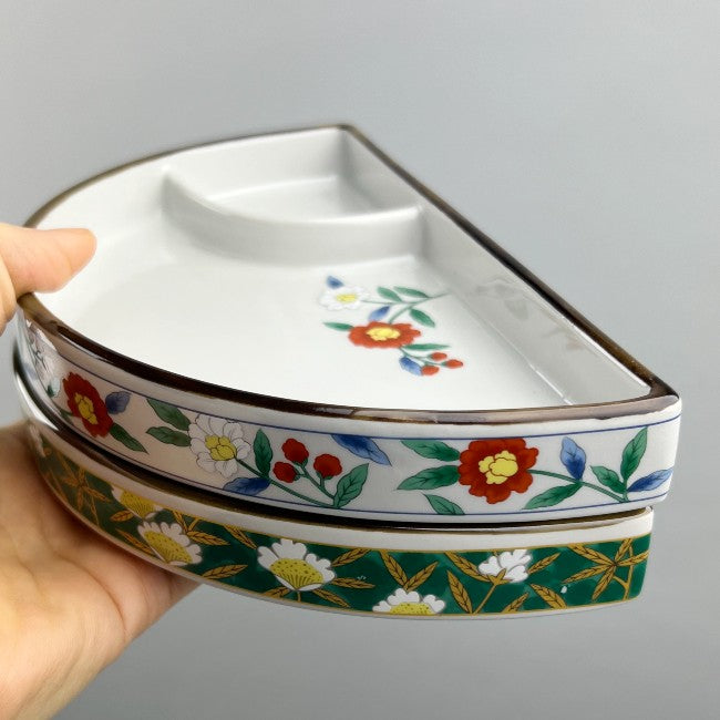 stackable japanese plates with soy sauce section with flower printing, made in Japan ceramics.