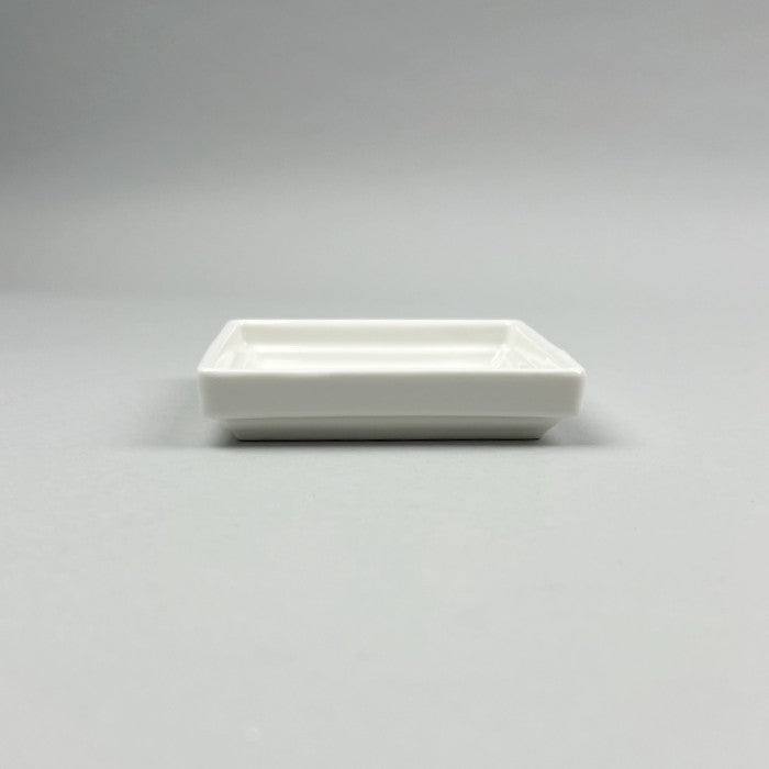 4-inch square white ceramic dish, stackable, sturdy, ideal for appetizers, desserts, nuts, and condiments side shot