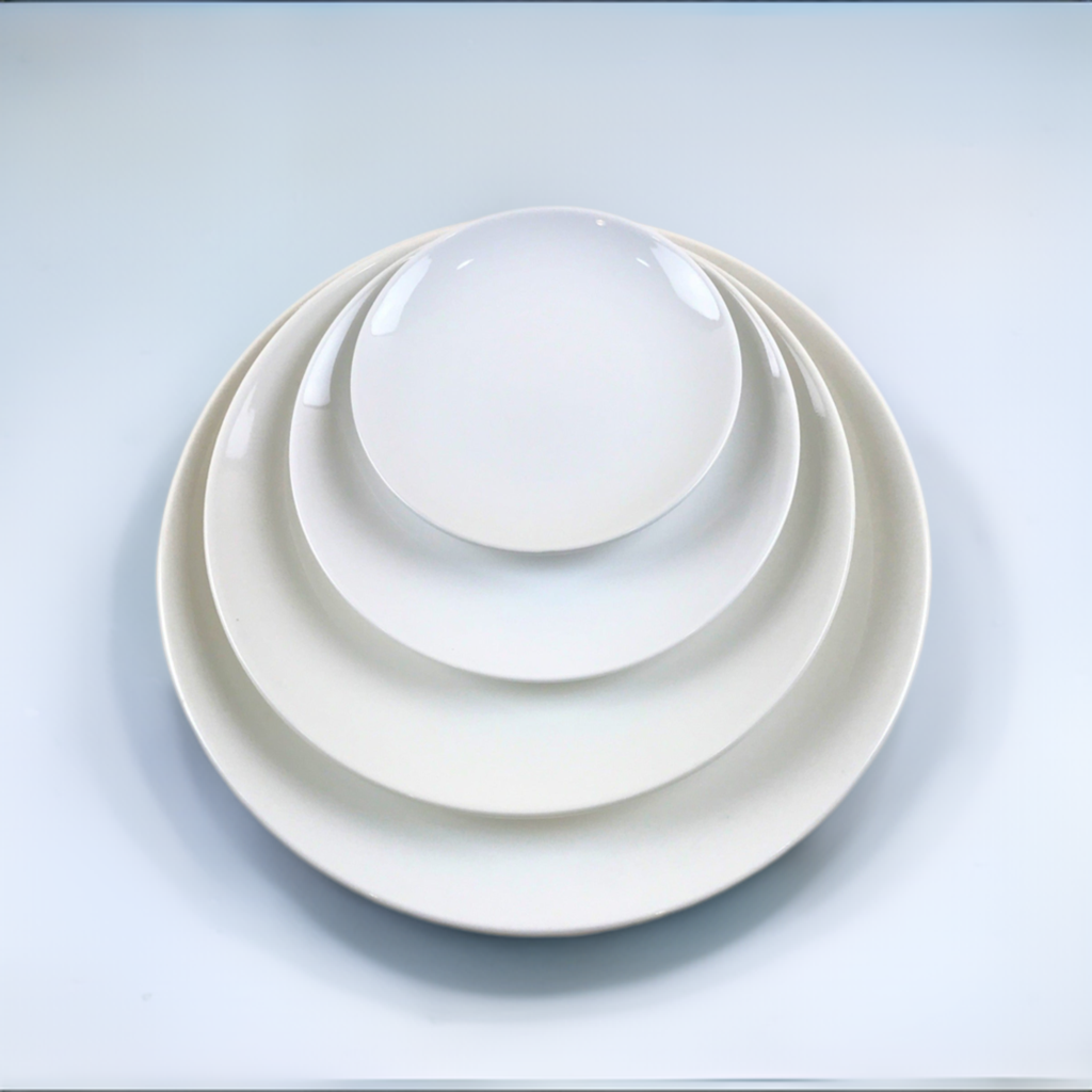 Astor Round White No-Rim Plates in 7 sizes share plate, lunch plate, and dinner plate