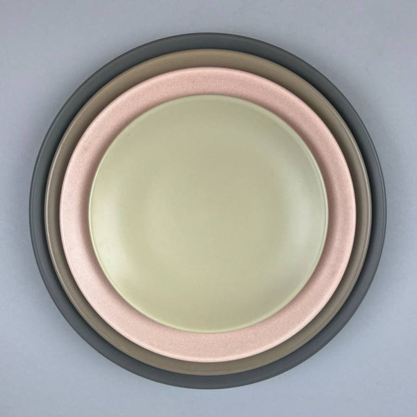 Bowery Matte Neutral Round Plates, 4 sizes (6.25", 8.25", 9.25", 10.25" dia.), 4 colors (gray, taupe, pistachio, and gradient peach)