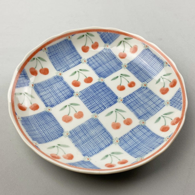 Sakurambo(Cherry) Checker Pattern Round Japanese Plate, 7.5" dia.