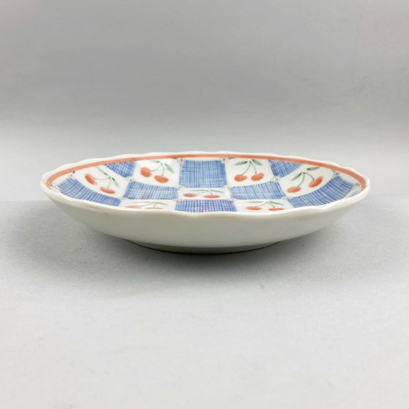 Sakurambo(Cherry) Checker Pattern Round Japanese Plate, 7.5" dia.