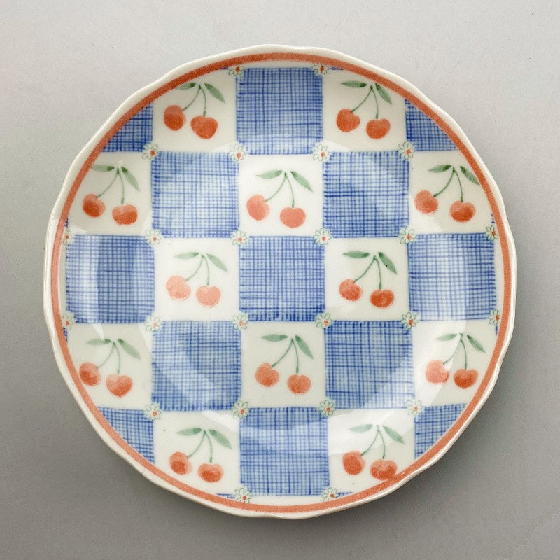 Sakurambo(Cherry) Checker Pattern Round Japanese Plate, 7.5" dia.